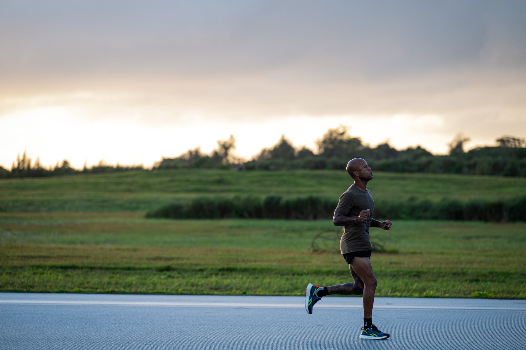 U.S. Air Force Airmen from the 11th Air Task Force gather at the start line before competing in the Turkey Trot 5K/10K run at Andersen Air Force Base, Guam, Nov. 26, 2025.