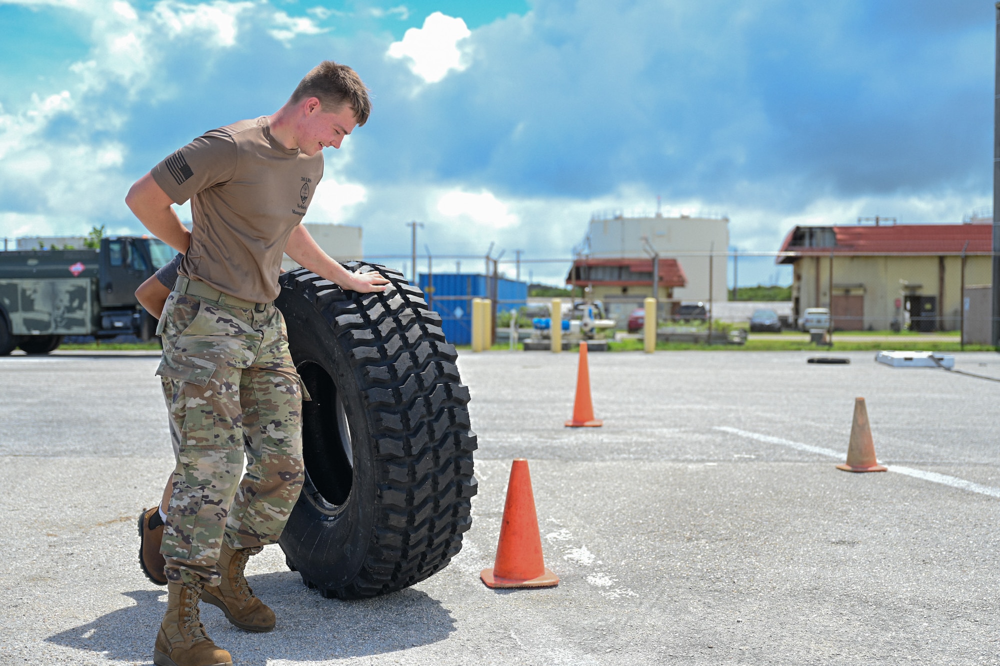 U.S. Air Force Airmen from the 36th Logistics Readiness Squadron push a fuel truck during the last stretch of the fuels rodeo competition at Andersen Air Base, Guam, Oct. 9, 2025.