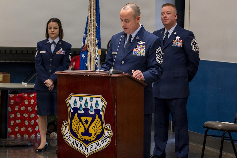Chief Master Sgt. Ryan Conley, 171st Air Refueling Wing commander, Pennsylvania Air National Guard, gives a speech during his assumption of responsibility ceremony for becoming the new 171st ARW command chief, Dec. 6, 2025, near Pittsburgh, Pennsylvania. Upon assuming responsibility, Chief Conley is the 13th command chief of the unit. (U.S. Air National Guard photo by Tech. Sgt. Zoe M. Wockenfuss)