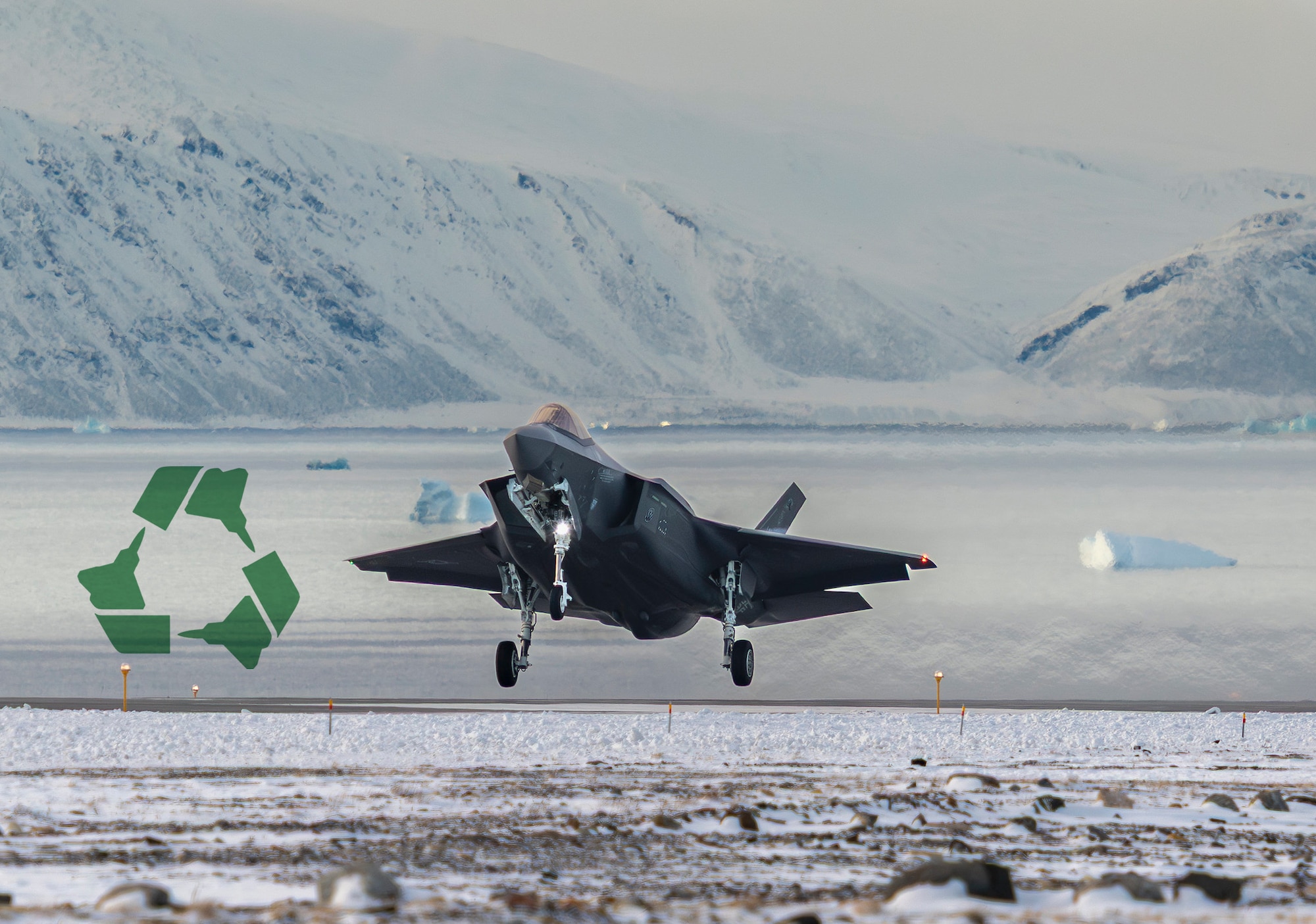 A North American Aerospace Defense Command F-35 Lightning II fighter aircraft from the Wisconsin Air National Guard’s 115th Fighter Wing lands at Pituffik Space Force Base, Greenland, Oct. 7, 2025. Operating in the Arctic provides the flexibility and adaptability needed to overcome logistical hurdles in a dynamic and unforgiving environment. Greenland as part of the Kingdom of Denmark has long played an important role in the defense of North America, which strengthens NORAD's ability to protect the continent from today’s threats and emerging challenges from all approaches. (U.S. Air Force photo by Staff Sgt. Maxim Dewolf)(U.S. Air National Guard photo illustrations by Master Sgt. Mary Greenwood)