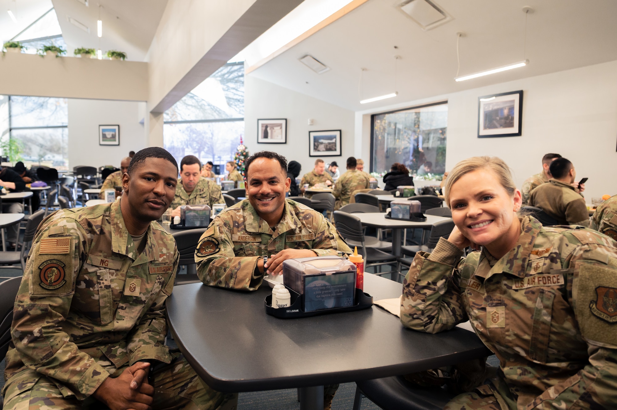 Demonstrating the Air Force core values of Service Before Self and Excellence In All We Do, Airmen of the 459th Air Refueling Wing received a morale-boosting Holiday meal during the December UTA weekend, served by members of the Wing's leadership. The Wing Commander Col. Michael Masuda and Wing Command Chief Chief Master Sgt Anthony Leavitt reinforced their commitment to the Wing's Airmen and Mission by donning aprons and personally taking lead on serving the lunchtime meal, further solidifying unit cohesion and reinforcing the importance of teamwork and selfless service within the 459th. (U.S. Air Force photo by Senior Airman Alexcia Givens)