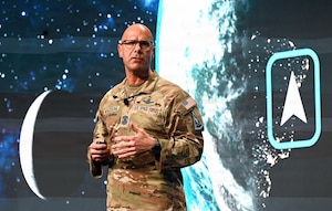 Chief Master Sgt. of the Space Force John Bentivingna delivers a keynote address during the Space Force Association’s Spacepower Conference in Orlando, Fla., Dec. 11, 2025. The conference is an opportunity for U.S. Space Force senior leaders to meet and address Guardians, allies, partners and industry leaders. (U.S. Air Force photo by Chad Trujillo)