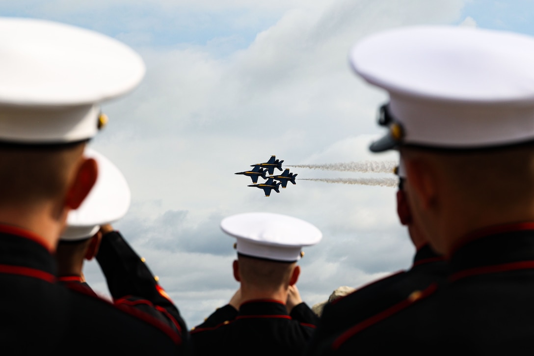 U.S. Marines with the United States Marine Corps Silent Drill Platoon, Alpha Company, Marine Barracks Washington, watch as the Blue Angels fly overhead during America's Air Show 2025, Marine Corps Air Station Miramar, San Diego, Calif., Sept. 26, 2025. America’s Air Show 2025 is a unique and incredible opportunity to witness Marine and joint aviation capabilities, civilian performers, and the world-famous Blue Angels; to celebrate the 250th birthday of the Marine Corps alongside Marines, and to see first-hand the innovative spirit of the Marine Corps through emerging technologies and forward-thinking. The Silent Drill Platoon participated in support of community engagement and Marine Corps outreach. (U.S. Marine Corps photo by Lance Cpl. Brynn L. Bouchard)