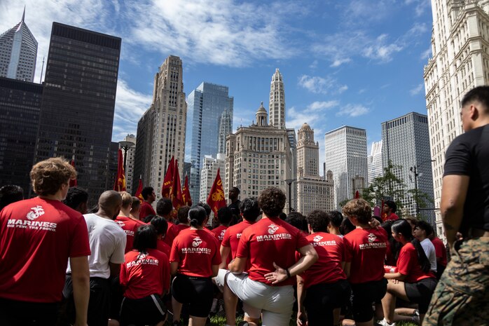 U.S. Marine Corps Maj. Cory Tribble, commanding officer of Marine Corps Recruiting Station Chicago, gives remarks at an annual pool function during Marine Week Chicago, July 12, 2025. During Marine Week Chicago, Marines with Marine Corps Recruiting Command shared Marine Corps traditions with local high schools in honor of the Corps’ 250th birthday. The Marine Corps is celebrating its 250th birthday with six multi-day Marine Corps community events, called Marine Weeks, in six major cities across the country. Marine Weeks will include activations across each host city featuring aircraft, equipment, recruiting opportunities, and public engagements. (U.S. Marine Corps photo by Sgt. Dalton J. Payne)
