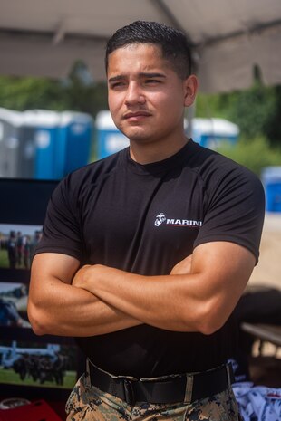 U.S. Marine Corps Sgt. Arturo Paz, a recruiter with Recruiting Station South Chicago, poses for a photo during the Chicago Air and Water Show, in Chicago, Illinois, Aug. 15, 2025. The Marines attended the show in support of community relations and recruiting efforts. The Chicago Air and Water Show presented by the City of Chicago is the largest free show of its kind in the United States. (U.S. Marine Corps photo by Cpl. Maxwell Cook)