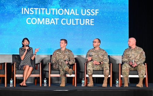 Deirdra Eberhardt, Space Systems Command acting executive director, answers a question during a Guardian Development Day panel at the Space Force Association’s Spacepower Conference in Orlando, Fla., Dec. 10, 2025. The dialogue reflected the Space Force’s commitment to transparency, collaboration and continuous improvement. (U.S. Air Force photo by Staff Sgt. Emmeline James)