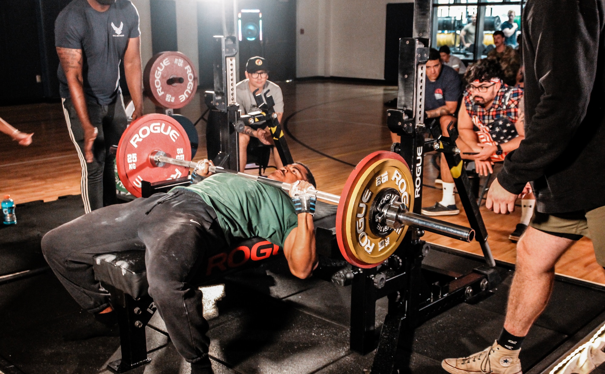 U.S. Air Force Airman Zion Coleman, an Airman in Training assigned to the 82nd Training Wing and the 2nd Place Strongest AiT, competes in the bench press at the 2025 Scary Strong Powerlifting Competition held at Sheppard Air Force Base, Texas, Oct. 25, 2025.