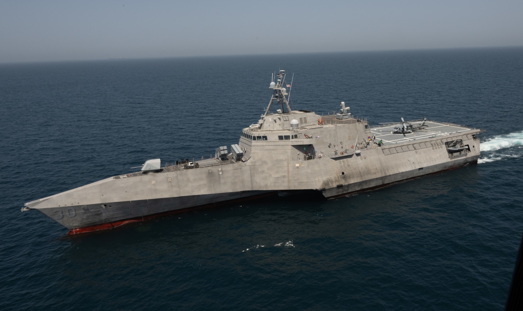 CENTRAL COMMAND AREA OF RESPONSIBILITY – The littoral combat ship USS Canberra (LCS 30) entered the U.S. Central Command area of responsibility on May 26, 2025. As an Independence variant of the LCS, Canberra is deployed in the region to enhance maritime security in the Middle East. Since 2014, the Battle Management System has been involved in developing the fire control hardware and software for the Hellfire Longbow, which is part of the LCS surface-to-surface missile module. (U.S. Navy Photo by Chief Petty Officer Christopher Krucke)