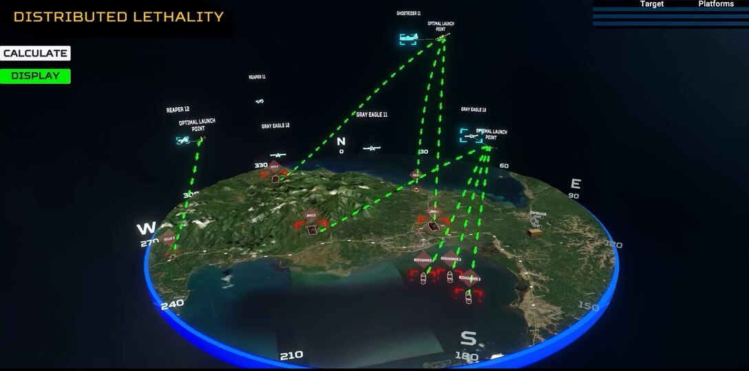 DAHLGREN, Va. – BMS’ tactical visualization capabilities is currently developing a workflow to determine the best platform, target and munition to utilize on a specific ground target given a scenario containing multiple aerial platforms and ground targets. The interconnected systems in the battlespace share data to enable intelligent decisions. (Dorina Watermolen/NSWCDD)