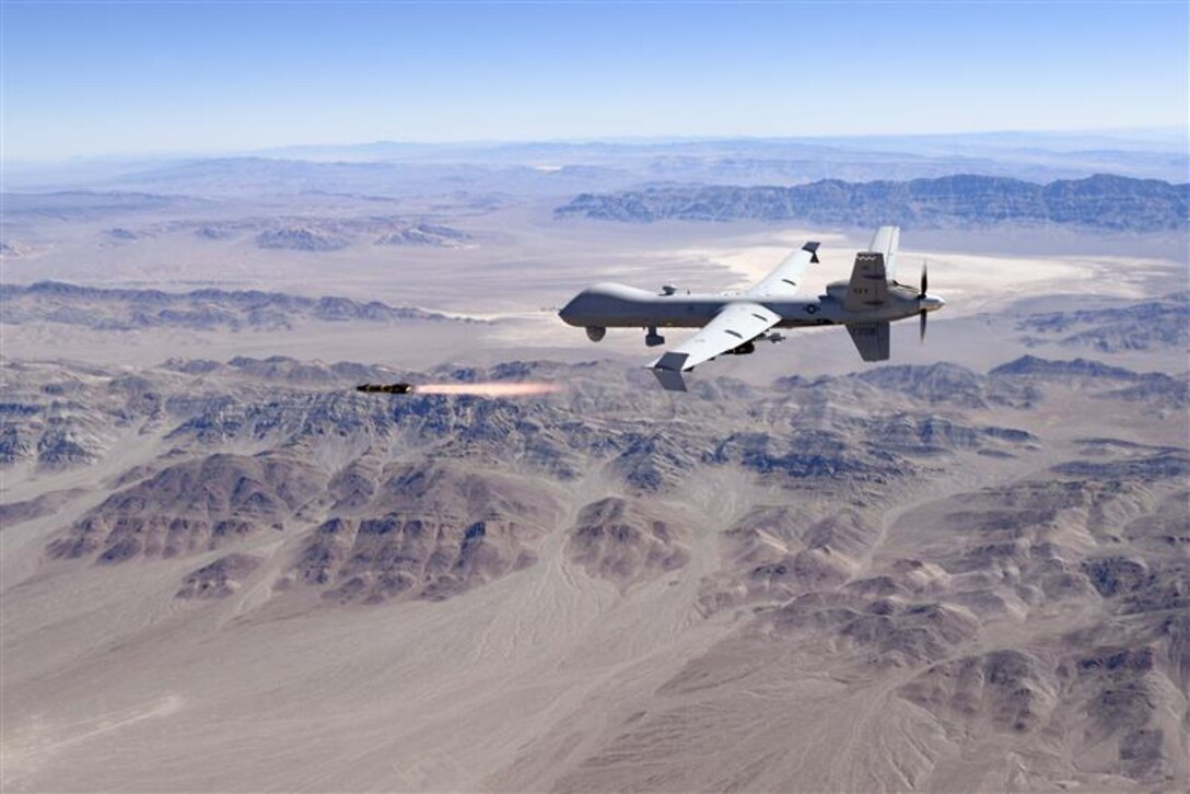 CREECH AIR FORCE BASE, Nev. – An MQ-9 Reaper remotely piloted aircraft conducted a flight over the Nevada Test and Training Range and successfully fired an AGM-114 Hellfire missile. The first use of the Battle Management System’s universal armament interface software was on the MQ-9 Reaper. (U.S. Air Force Photo by Airman 1st Class Victoria Nuzzi)