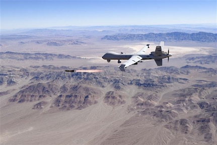 CREECH AIR FORCE BASE, Nev. – An MQ-9 Reaper remotely piloted aircraft conducted a flight over the Nevada Test and Training Range and successfully fired an AGM-114 Hellfire missile. The first use of the Battle Management System’s universal armament interface software was on the MQ-9 Reaper. (U.S. Air Force Photo by Airman 1st Class Victoria Nuzzi)