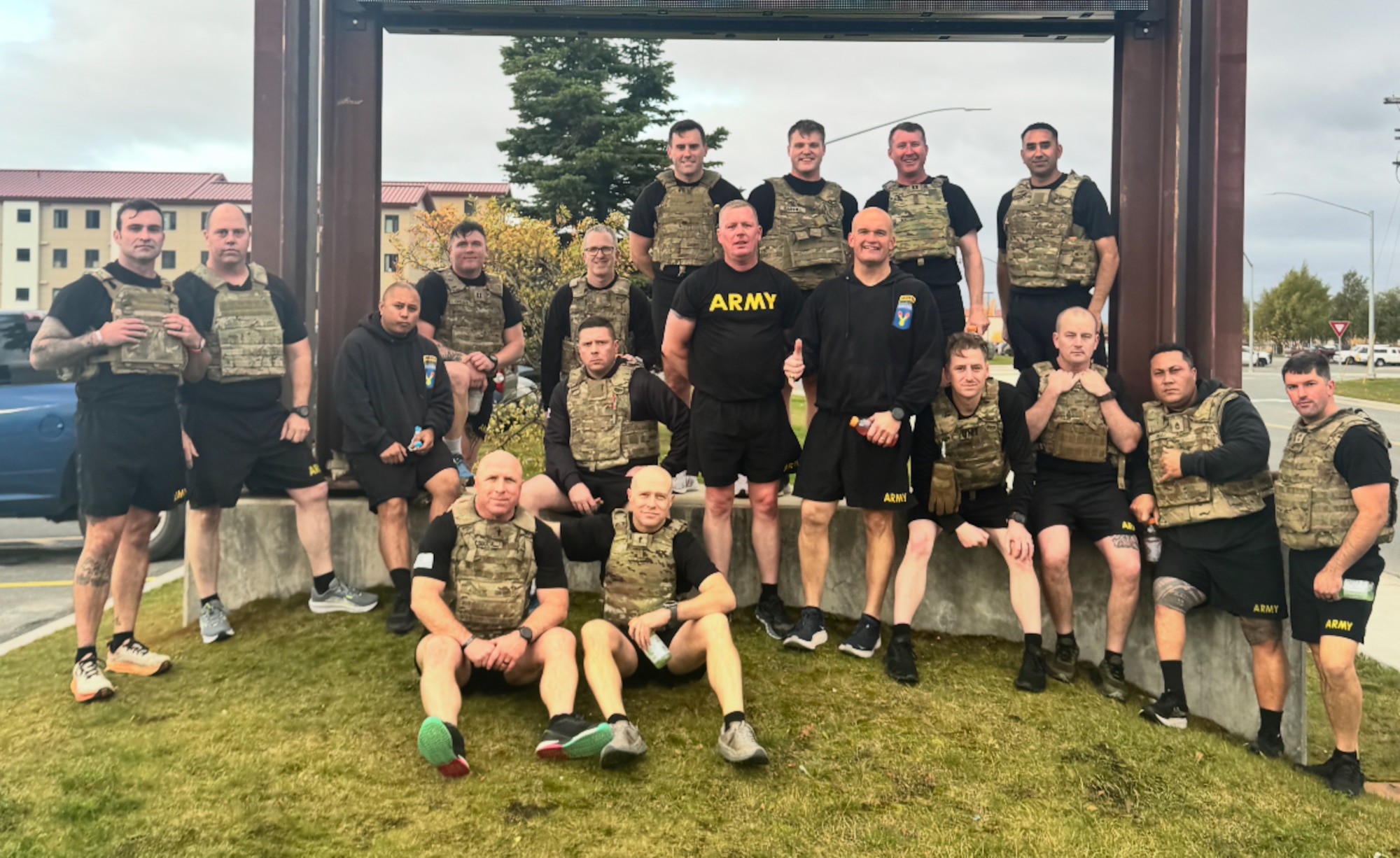 Soldiers stand together after completing the indoor portion of The Mogadishu Mile challenge on Joint Base Elmendorf-Richardson, Alaska, Oct. 3, 2025. The Mogadishu Mile pushes participants to their limits physically to pay homage to the soldiers who served in the Battle of Mogadishu in 1993. (U.S. Air Force photo by Airman 1st Class Eli A. Rose)