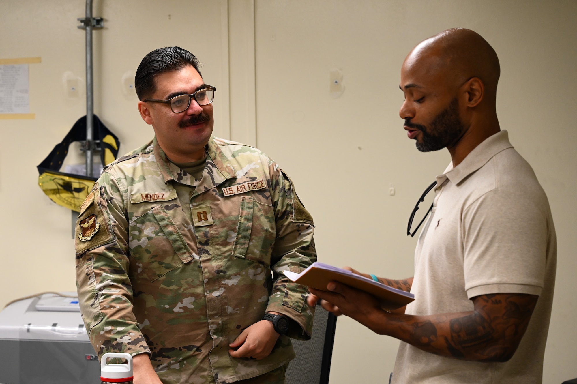 U.S. Air Force Airmen from the 11th Air Task Force meet with members of the 21st Air Task Force team and discuss lessons learned during its six-month deployment in the Pacific at Anderson Air Force Base, Guam, Oct. 28, 2025. The 11th ATF tackled missions in Saipan, the Republic of Korea and Guam during its inaugural deployment.