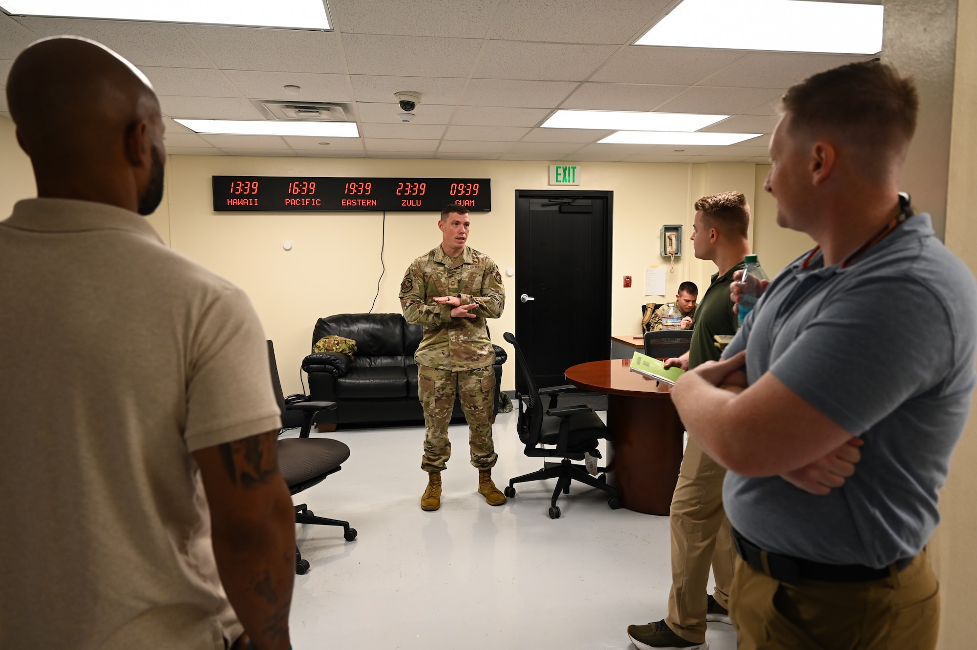 U.S. Air Force Airmen from the 11th Air Task Force meet with members of the 21st Air Task Force team to discuss lessons learned during the 11th ATF’s six-month deployment in the Pacific at Anderson Air Force Base, Guam, Oct. 28, 2025. Airmen of the 11th ATF are trained to respond to a wide range of threats, leveraging integrated, cross-functional mission teams and encompassing agile combat employment principles.