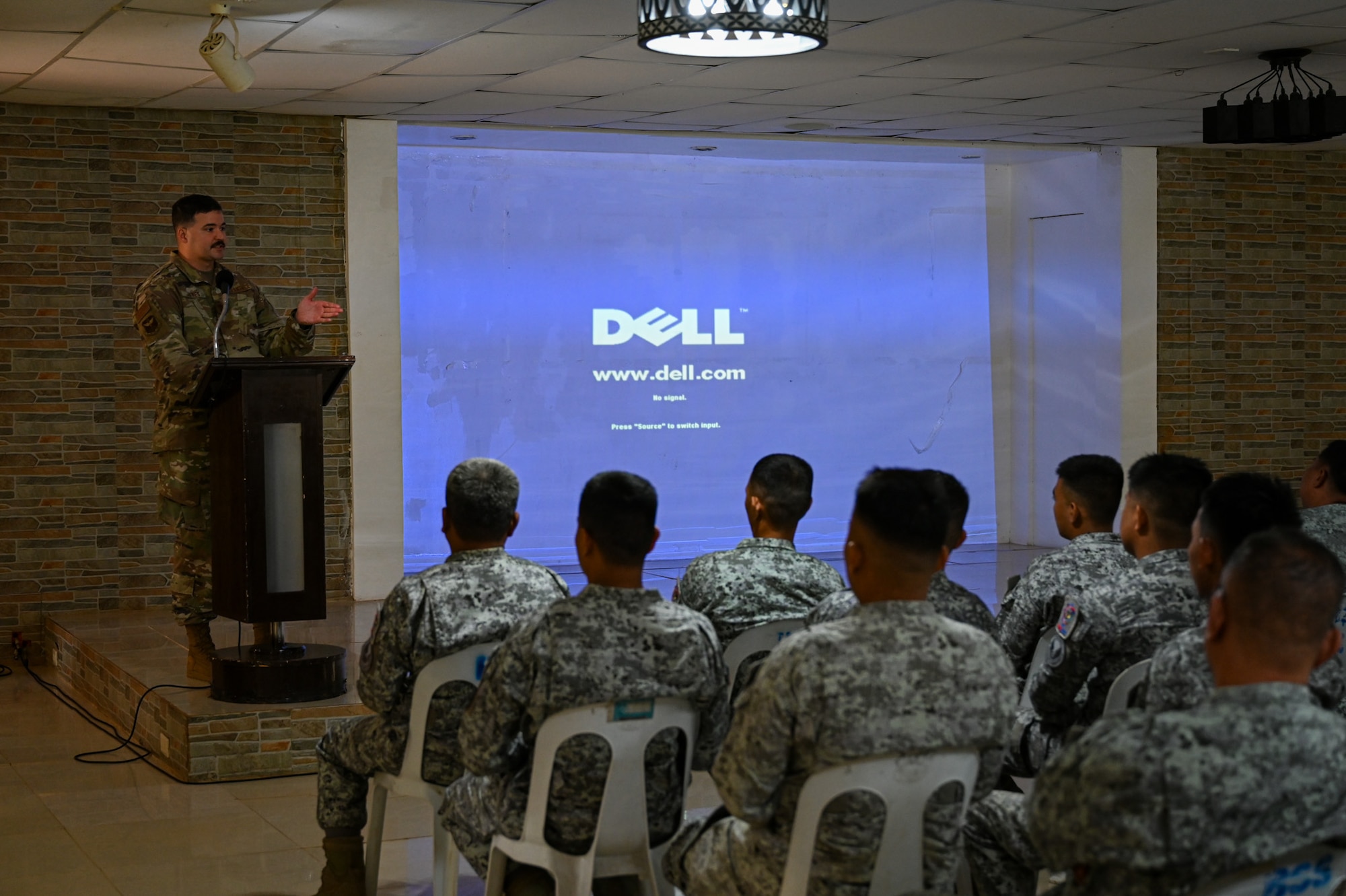 U.S. Air Force Maj. Kevin Jones, 11th Air Task Force mission commander, gives opening remarks at the subject matter expert information exchange at Antonio Bautista Air Base, Philippines, Oct. 21, 2025.