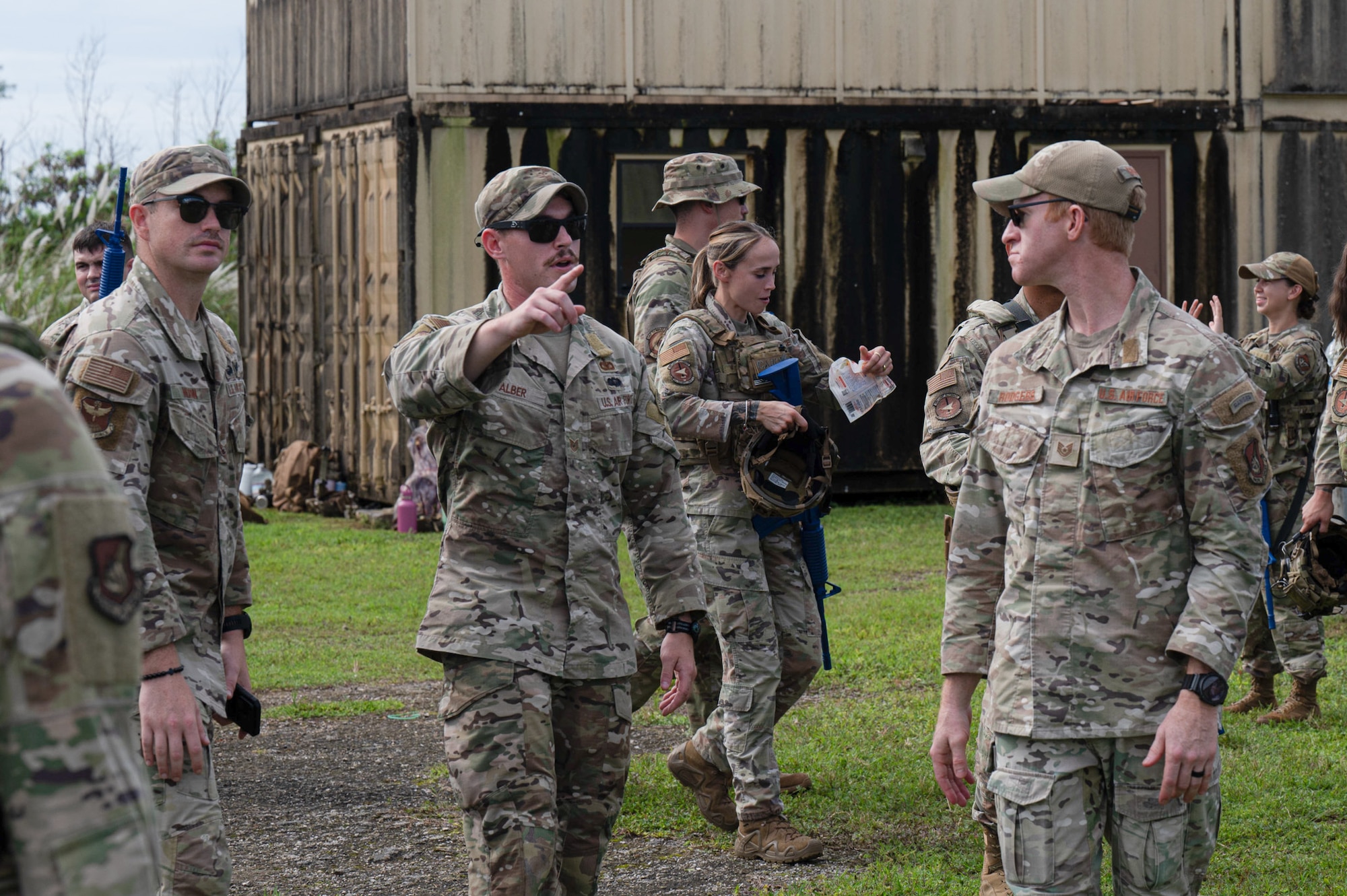 U.S. Air Force Airmen from the 824th Base Defense Squadron take part in pre-planning mounted and unmounted integration training with the 36th Security Forces Squadron personnel at Anderson Air Force Base, Guam, Oct. 21, 2025.