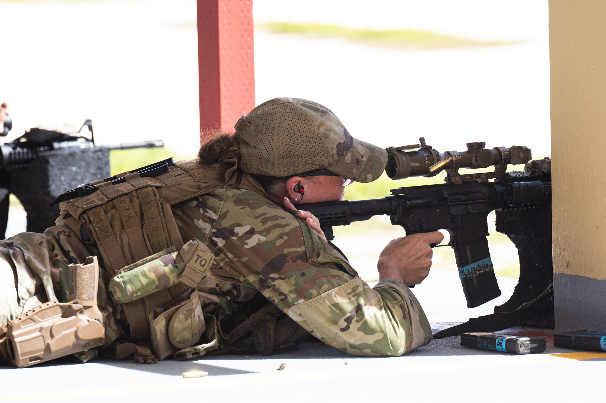 A U.S. Air Force Airman from the  11th Combat Air Base Squadron, fires an M4 during an integrated training event with the 824th Base Defense Squadron at Andersen Air Force Base, Guam, Nov. 14, 2025.