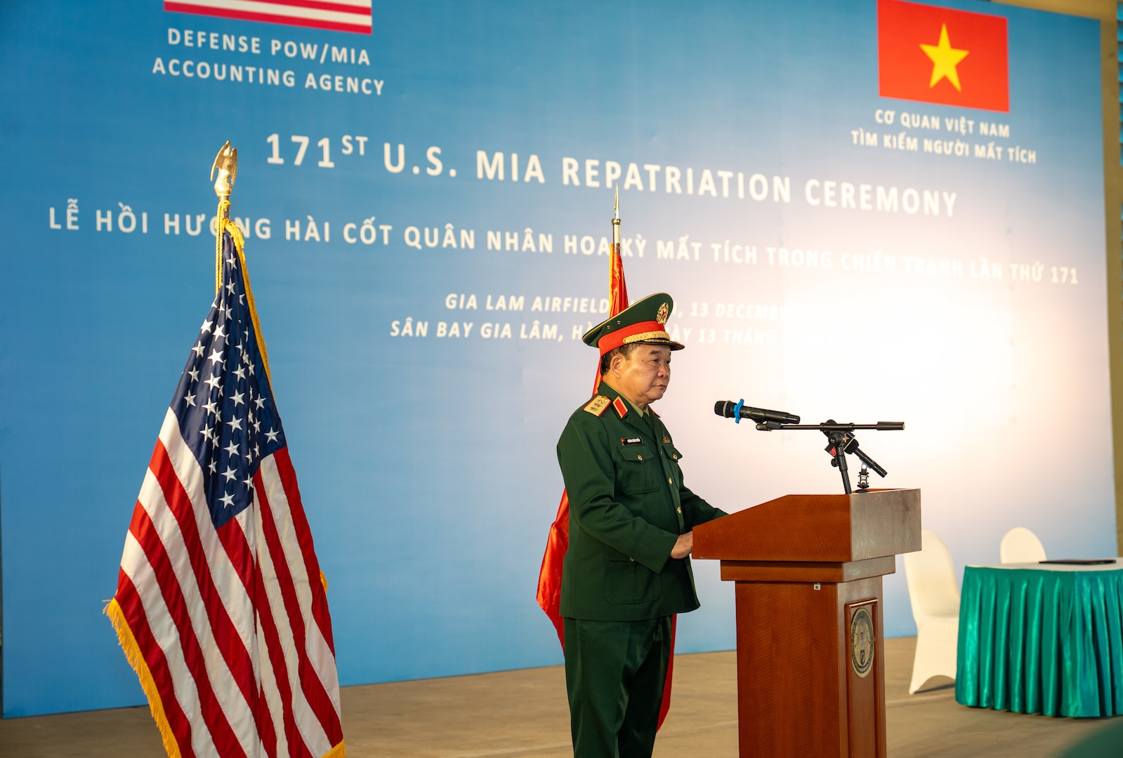 Senior Lt. Gen. Hoang Xuan Chien, Vietnamese Deputy Minister of National Defense, speaks during the 171st Repatriation Ceremony at the Gia Lam Airfield, Hanoi, Vietnam, on Dec. 13, 2025.