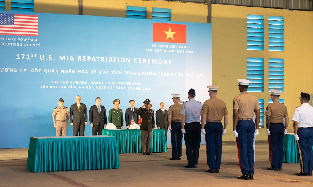 U.S. Army Lt. Col. Jason Kim, Defense POW/MIA Accounting Agency Detachment 2 commander, renders a salute during the 171st Repatriation Ceremony at the Gia Lam Airfield, Hanoi, Vietnam, on Dec. 13, 2025.