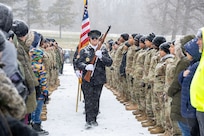 Members of the Indy Metropolitan Military Honor Guard march the Colors forward as members of the public and Junior ROTC cadets take part in a Wreaths Across America event at Crown Hill Cemetery in Indianapolis Dec. 13, 2025. This year, more than two million volunteers and supporters gathered to remember, honor and teach by laying wreaths on the graves of veterans at more than 5,200 participating locations in all 50 states, at sea and abroad. (U.S. Army photo by Mark R. W. Orders-Woempner)