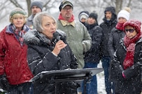 Debra Foster, Wreaths Across America coordinator, delivers remarks during a Wreaths Across America event at Crown Hill Cemetery in Indianapolis Dec. 13, 2025. This year, more than two million volunteers and supporters gathered to remember, honor and teach by laying wreaths on the graves of veterans at more than 5,200 participating locations in all 50 states, at sea and abroad. (U.S. Army photo by Mark R. W. Orders-Woempner)