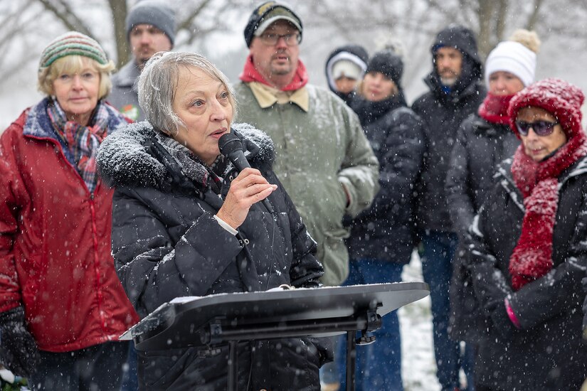 Debra Foster, Wreaths Across America coordinator, delivers remarks during a Wreaths Across America event at Crown Hill Cemetery in Indianapolis Dec. 13, 2025. This year, more than two million volunteers and supporters gathered to remember, honor and teach by laying wreaths on the graves of veterans at more than 5,200 participating locations in all 50 states, at sea and abroad. (U.S. Army photo by Mark R. W. Orders-Woempner)