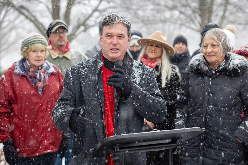 Indiana Attorney General Todd Rokita delivers remarks during a Wreaths Across America event at Crown Hill Cemetery in Indianapolis Dec. 13, 2025. This year, more than two million volunteers and supporters gathered to remember, honor and teach by laying wreaths on the graves of veterans at more than 5,200 participating locations in all 50 states, at sea and abroad. (U.S. Army photo by Mark R. W. Orders-Woempner)