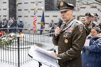 Maj. Gen. Lawrence "Larry" Muennich, Indiana National Guard adjutant general, delivers remarks during a Wreaths Across America event at Crown Hill Cemetery in Indianapolis Dec. 13, 2025. This year, more than two million volunteers and supporters gathered to remember, honor and teach by laying wreaths on the graves of veterans at more than 5,200 participating locations in all 50 states, at sea and abroad. (U.S. Army photo by Mark R. W. Orders-Woempner)