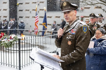 Maj. Gen. Lawrence "Larry" Muennich, Indiana National Guard adjutant general, delivers remarks during a Wreaths Across America event at Crown Hill Cemetery in Indianapolis Dec. 13, 2025. This year, more than two million volunteers and supporters gathered to remember, honor and teach by laying wreaths on the graves of veterans at more than 5,200 participating locations in all 50 states, at sea and abroad. (U.S. Army photo by Mark R. W. Orders-Woempner)