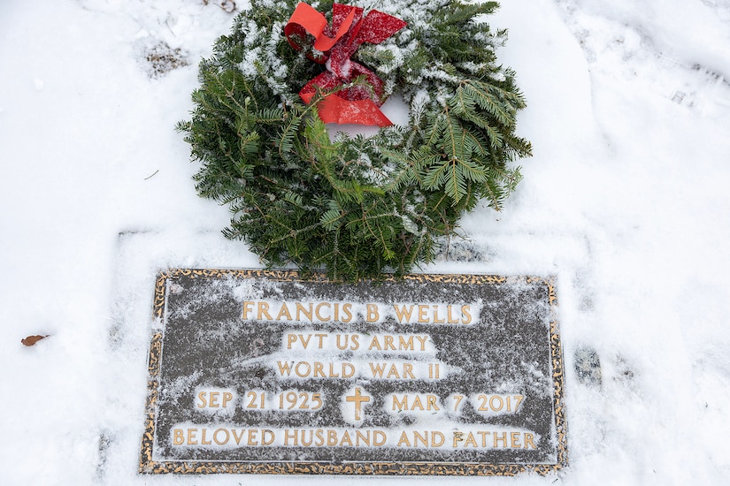 The grave of U.S. Army Pvt. Francis B. Wells, a World War II veteran who passed in 2017, is pictured with a wreath during a Wreaths Across America event at Crown Hill Cemetery in Indianapolis Dec. 13, 2025. This year, more than two million volunteers and supporters gathered to remember, honor and teach by laying wreaths on the graves of veterans at more than 5,200 participating locations in all 50 states, at sea and abroad. (U.S. Army photo by Mark R. W. Orders-Woempner)