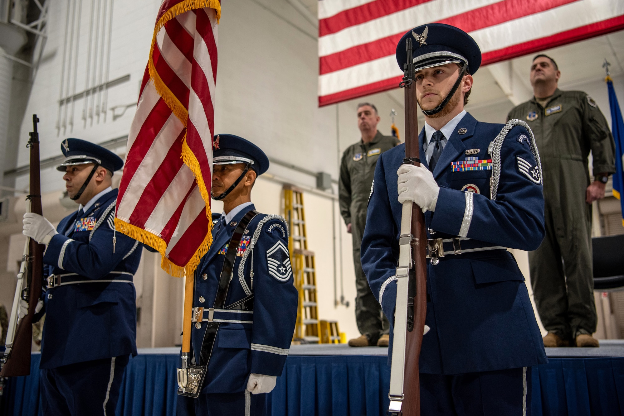 The 123rd Airlift Wing Honor Guard presents the colors during a ceremony at the Kentucky Air National Guard Base in Louisville, Ky., Dec. 14, 2025. The wing received its 21st Air and Space Outstanding Unit Award and its sixth Curtis N. “Rusty” Metcalf Trophy during the event in recognition of outstanding achievement across a full spectrum of operations. (U.S. Air National Guard photo by Master Sgt. Joshua Horton)
