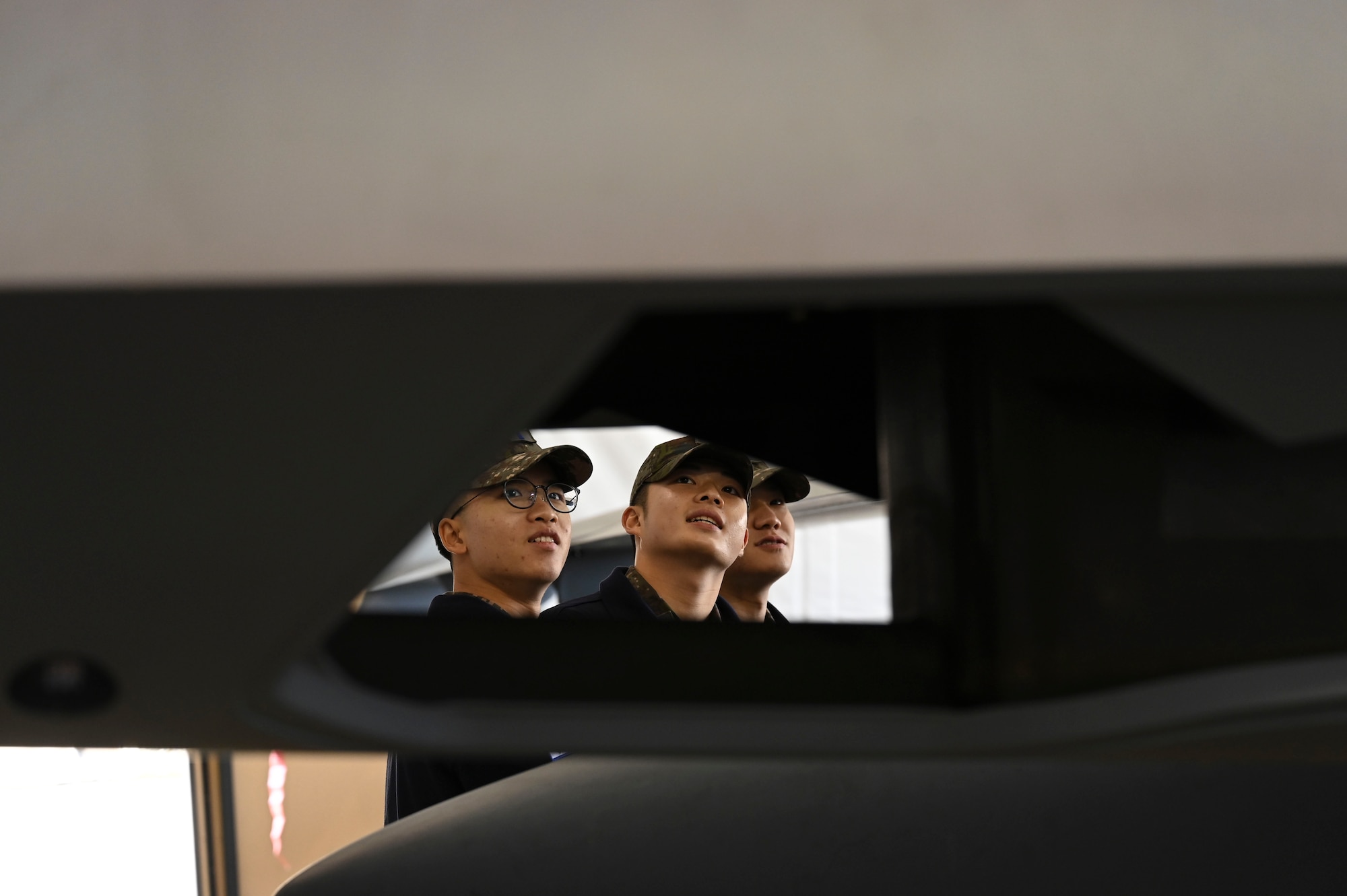 Men stare at a plane.