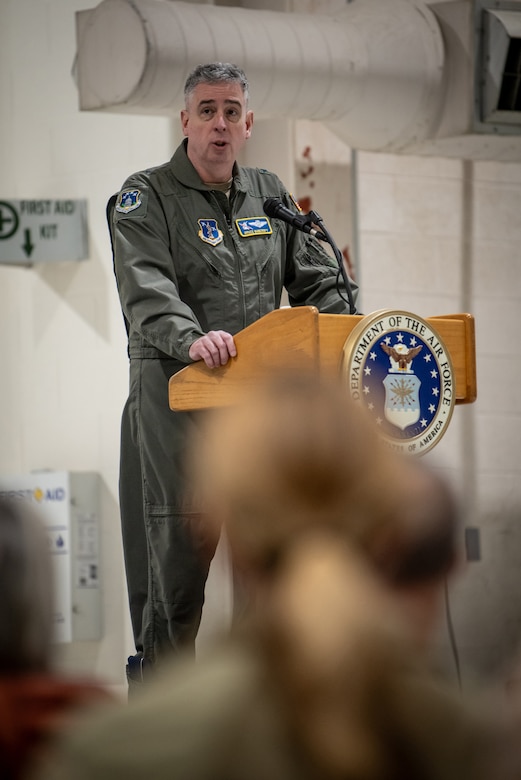 Brig. Gen. Bruce Bancroft, Kentucky’s assistant adjutant general for Air, speaks during an award ceremony in which the 123rd Airlift Wing was awarded its 21st Air and Space Outstanding Unit Award at the Kentucky Air National Guard Base in Louisville, Ky., Dec. 14, 2025. The new honor, previously known as the Air Force Outstanding Unit Award, continues the unit’s legacy as the most decorated tactical airlift wing in the United States Air Force. (U.S. Air National Guard photo by Master Sgt. Joshua Horton)