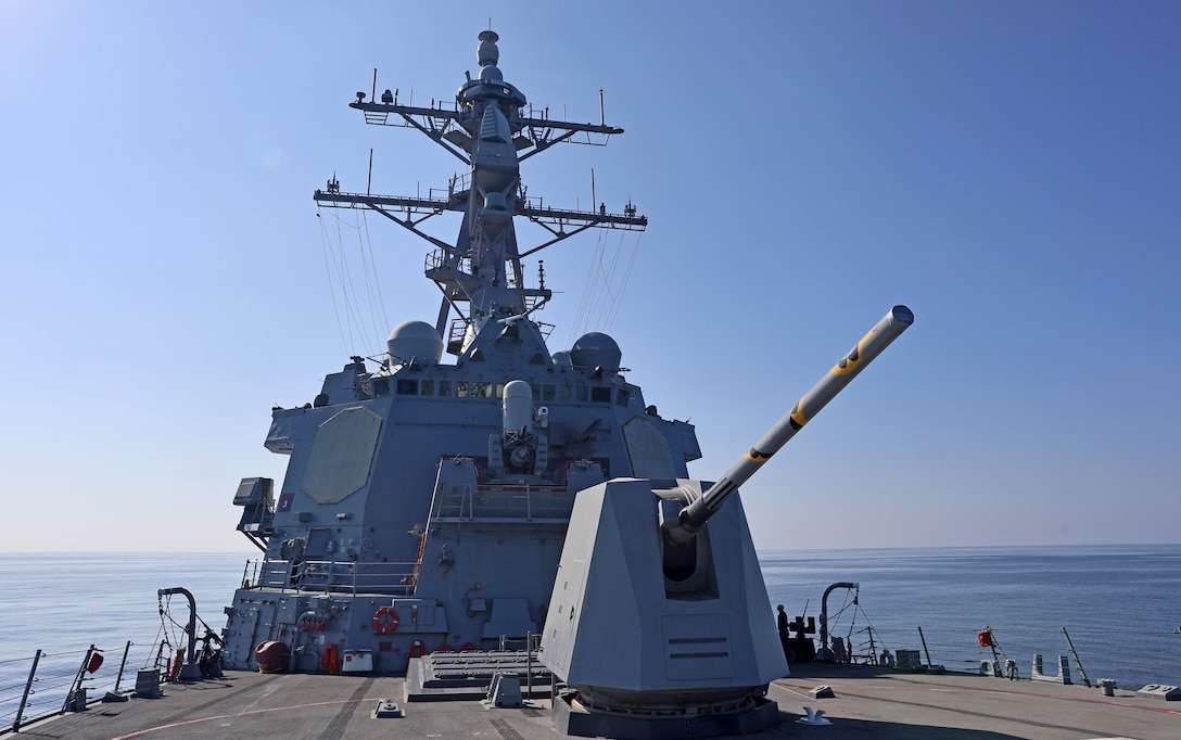 GULF OF OMAN (Dec. 11, 2025) The Arleigh Burke-class guided-missile destroyer USS Roosevelt (DDG 80) sails in the Gulf of Oman while operating in the U.S. Central Command (CENTCOM) area of responsibility. Roosevelt is deployed to the U.S. 5th Fleet area of operations to support maritime security and stability in the CENTCOM area of responsibility. (U.S. Navy photo by Mass Communication Specialist 1st Class Indra Beaufort)