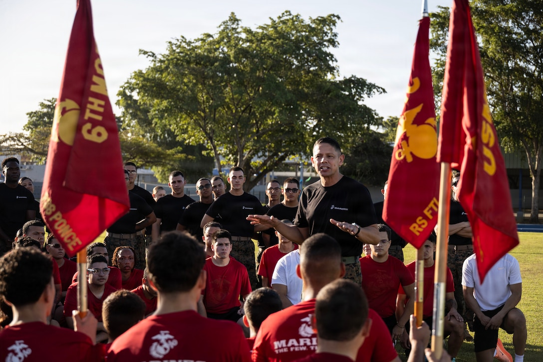 U.S. Marine Corps Sgt. Maj. Carlos A. Ruiz, the 20th Sergeant Major of the Marine Corps, participates in a field meet hosted by Recruiting Station Fort Lauderdale, San Juan, Puerto Rico, Dec. 12, 2025. Ruiz attended and participated in the field meet, which included recruiters, recruiting station staff, drill instructors, and future Marine poolees, in order to observe training and strengthen esprit de corps. (U.S. Marine Corps photo by Gunnery Sgt. Jordan E. Gilbert)