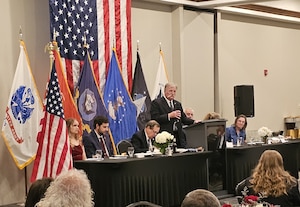 Dave Duesterhaus, addresses attendees of the annual Arnold Community Council banquet following his induction as an AEDC Fellow during the recent event. Duesterhaus, selected as an AEDC Lifetime Achievement Fellow, was recognized for his efforts in leading the Technology Division, Director of the AEDC National Full-Scale Aerodynamics Complex, and Ground Test Representative for the Director of Operational Test and Evaluation. Duesterhaus was one of three Fellows inducted during the banquet. The AEDC Fellows program, established in 1989, recognizes AEDC personnel who have made substantial and exceptionally distinguished contributions to the nation’s aerospace ground testing capability. (Courtesy photo)