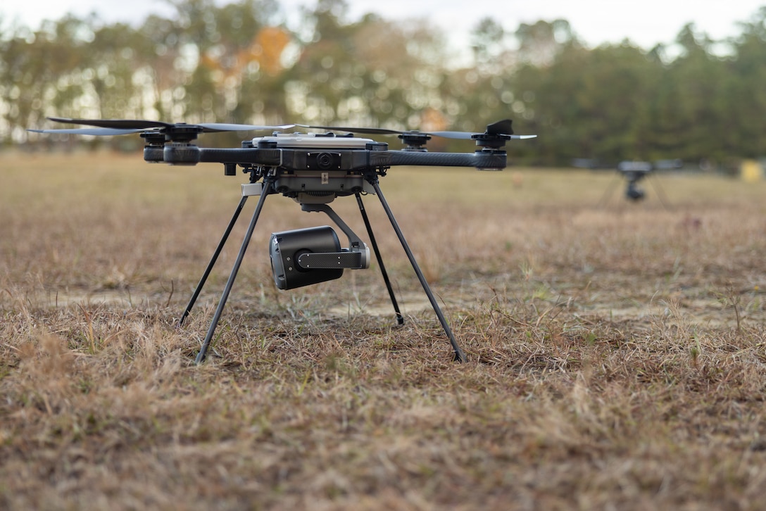 A SkyDio X2 is staged before being used by U.S. Marines with Combat Logistics Battalion 24, Combat Logistics Regiment 27, 2nd Marine Logistics Group for route reconnaissance during a tactical patrol as part of CLB-24’s battalion field exercise at Marine Corps Base Camp Lejeune, North Carolina, Dec. 9, 2025. Marines with CLB-24 conducted patrols and sUAS operations to sustain proficiency in training and readiness standards and establish baseline individual skills. (U.S. Marine Corps photo by Lance Cpl. Talan Werner)