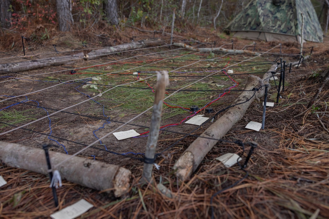 U.S. Marines with Combat Logistics Battalion 24, Combat Logistics Regiment 27, 2nd Marine Logistics Group, use a terrain model for a tactical patrol during a battalion field exercise at Marine Corps Base Camp Lejeune, North Carolina, Dec. 9, 2025. Marines with CLB-24 conducted patrols and sUAS operations to sustain proficiency in training and readiness standards and establish baseline individual skills. (U.S. Marine Corps photo by Lance Cpl. Talan Werner)