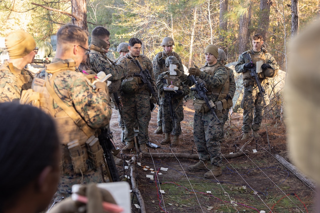 U.S. Marine Corps Staff Sgt. Jaycob Riggins, center right, a logistics specialist with Combat Logistics Battalion 24, Combat Logistics Regiment 27, 2nd Marine Logistics Group, conduct a tactical patrol brief utilizing a terrain model as part of a battalion field exercise at Marine Corps Base Camp Lejeune, North Carolina, Dec. 9, 2025. Marines with CLB-24 conducted patrols and sUAS operations to sustain proficiency in training and readiness standards and establish baseline individual skills. (U.S. Marine Corps photo by Lance Cpl. Talan Werner)