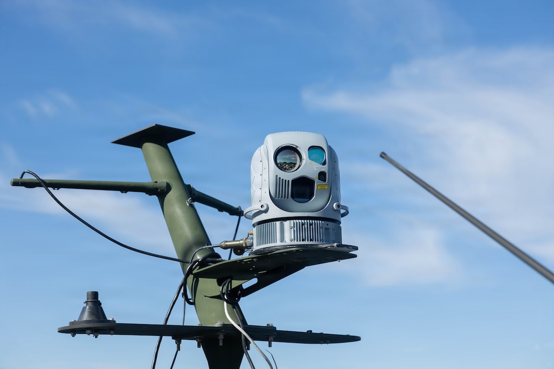 A SEAFLIR 240-EP maritime surveillance sensor is mounted on a riverine assault support system at Marine Corps Base Camp Lejeune, North Carolina, Dec. 10, 2025. 2nd Marine Logistics Group is working with the Marine Corps Warfighting Lab to experiment with the RASS for a more lethal, agile, and resilient capability while conducting expeditionary advanced base operations. (U.S. Marine Corps photo by Sgt. Rafael Brambila-Pelayo)