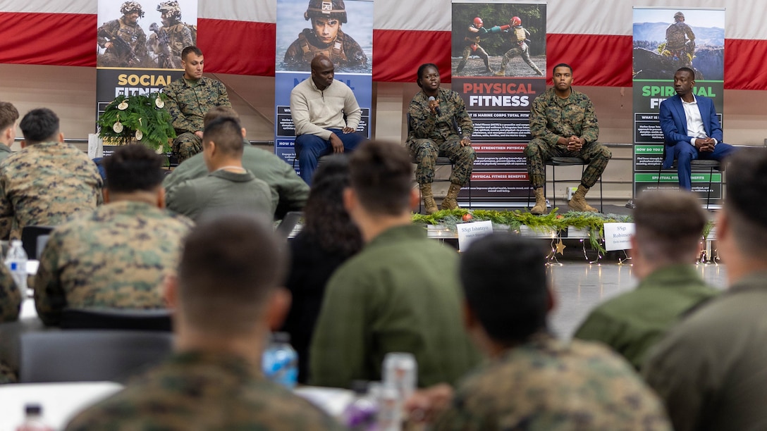 U.S. Marines from Marine Corps Air Station Camp Pendleton, speak to Marines about Special Duty Assignments at the 9th annual Joint Leadership Education Conference at MCAS Camp Pendleton, California, Dec. 10, 2025. The conference is a two-day event featuring panels and presentations on leadership, personal readiness, professional development, and strategic growth. The conference also included an awards ceremony, a series of focused discussions ranging from trauma informed leadership and relationship dynamics to financial readiness, tuition assistance, and health fundamentals. (U.S Marine Corps photo by Lance Cpl.  Estrada)