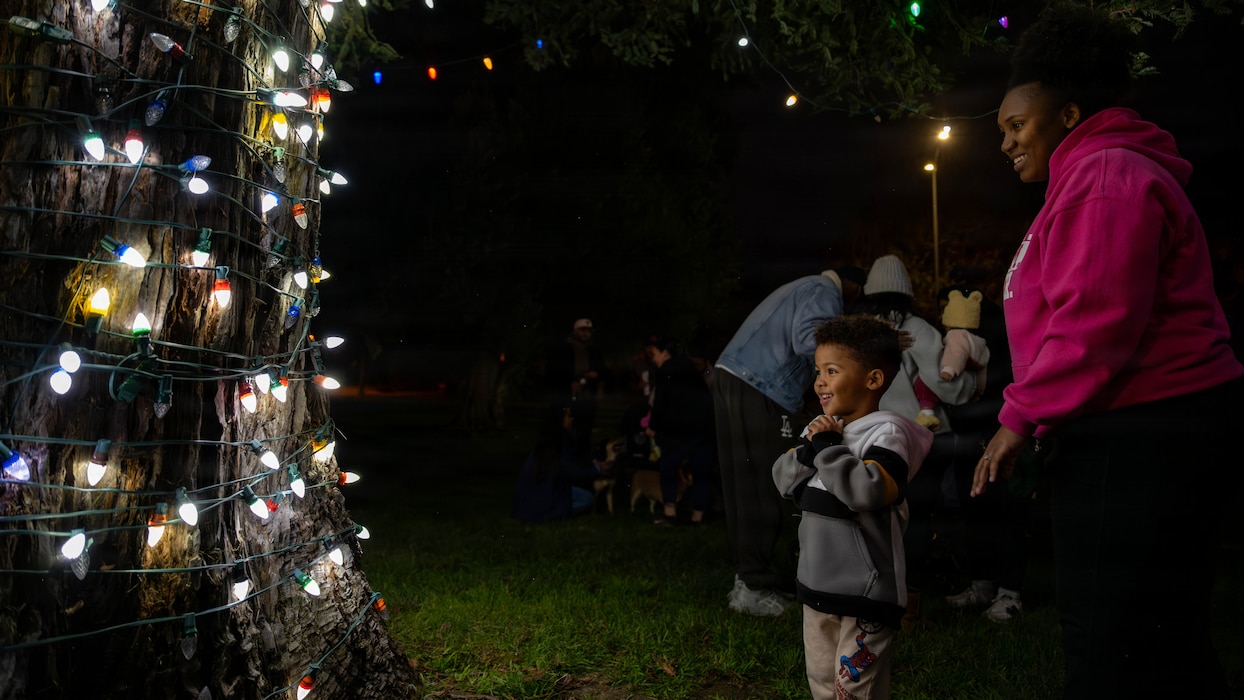 A mother and child admire Christmas Tree lights