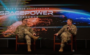 U.S. Space Force Lt. Gen. Gregory J. Gagnon, commander of USSF Combat Forces Command, and Chief Master Sgt. Michael J. Rozneck, CFC senior enlisted leader, conducted a firside chat at the Space Force Assosiation's 2025 Spacepower conference, Dec. 12th, 2025. During the chat they discussed forging a resilient force and people being a priority to CFC's mission success. CFC’s participation in Spacepower Conference 2025 reinforces the command’s commitment to transparency, engagement, and the advancement of professional discourse within the space community. As the U.S. Space Force approaches its sixth anniversary, the conversation underscored both the progress made and the work ahead to ensure America’s space warfighters remain Always Ready, Always Innovative, Always Above. (U.S. Space Force photo by John Ayre)