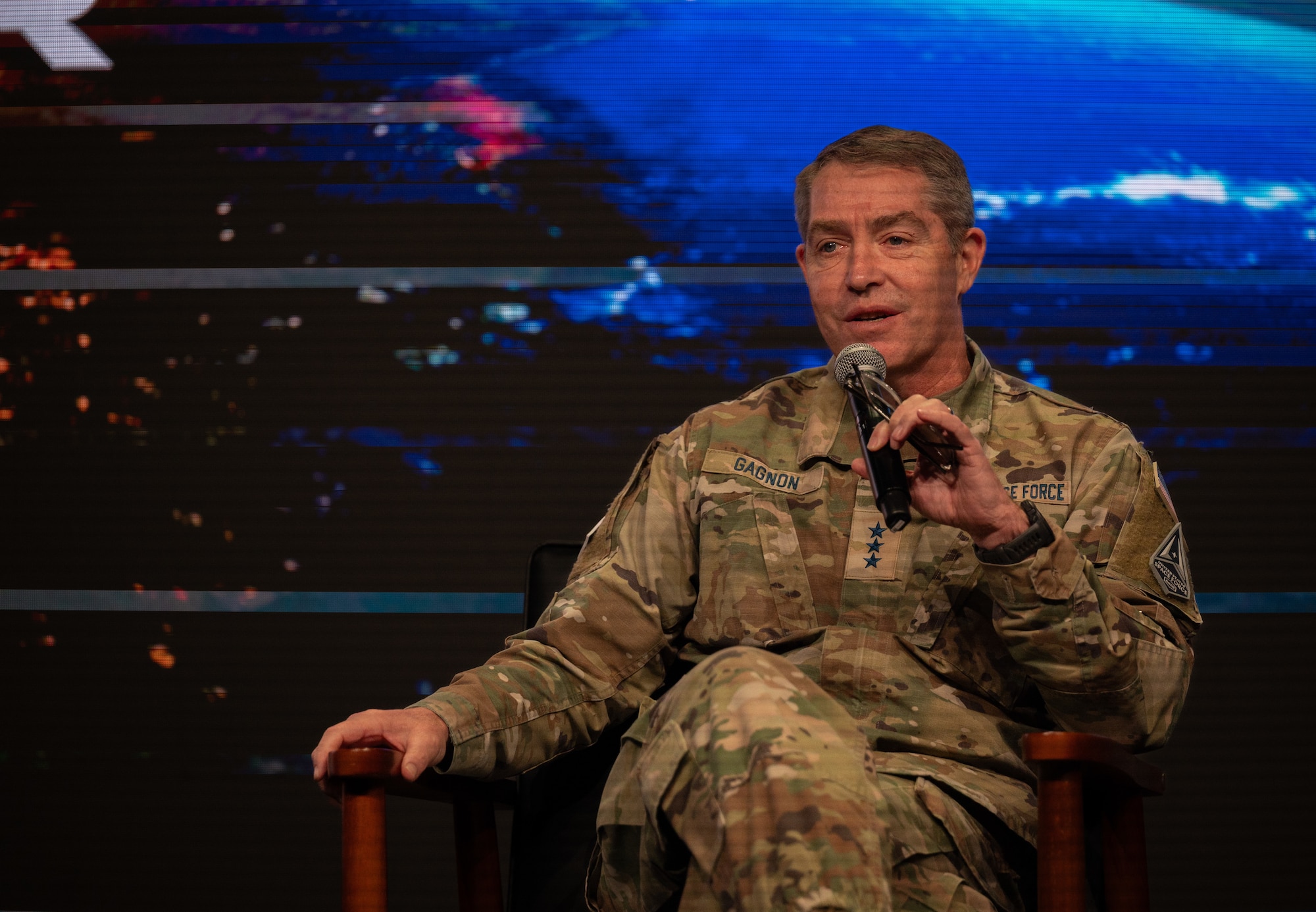 U.S. Space Force Lt. Gen. Gregory J. Gagnon, commander of USSF Combat Forces Command, and Chief Master Sgt. Michael J. Rozneck, CFC senior enlisted leader, conducted a firside chat at the Space Force Assosiation's 2025 Spacepower conference, Dec. 12th, 2025. During the chat they discussed forging a resilient force and people being a priority to CFC's mission success. CFC’s participation in Spacepower Conference 2025 reinforces the command’s commitment to transparency, engagement, and the advancement of professional discourse within the space community. As the U.S. Space Force approaches its sixth anniversary, the conversation underscored both the progress made and the work ahead to ensure America’s space warfighters remain Always Ready, Always Innovative, Always Above. (U.S. Space Force photo by John Ayre)