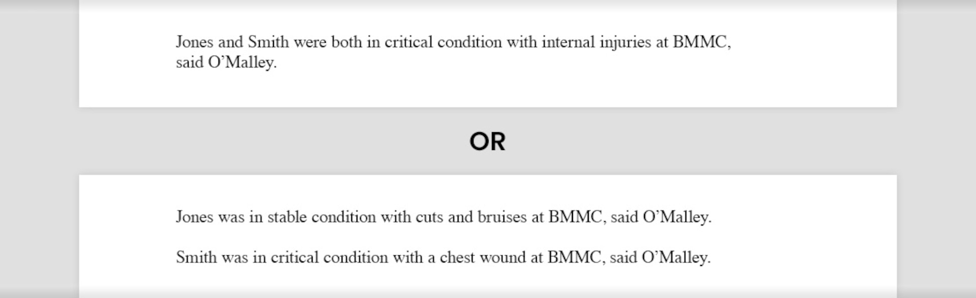 Writing sample of listing medical information that can be merged, which reads, "Jones and Smith were both in critical condition with internal injuries at BMMC, said O’Malley." A second example shows the information separated when it can't be merged, which reads, "Jones was in stable condition with cuts and bruises at BMMC, said O’Malley. Smith was in critical condition with a chest wound at BMMC, said O’Malley."
