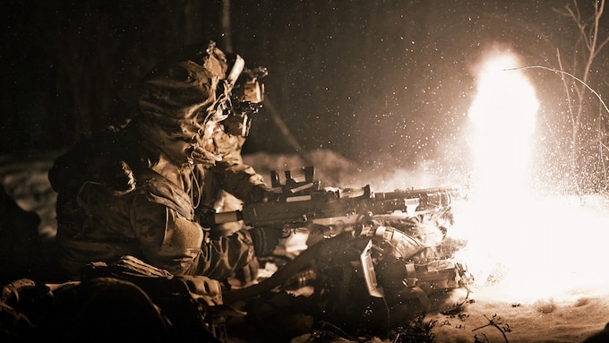 U.S. Army Soldiers assigned to 1st Battalion, 24th Infantry Regiment, 1st Infantry Brigade Combat Team, 11th Airborne Division lay down suppressing fire during Joint Pacific Multinational Readiness Center 25-02 in Donnelly Training Area, near Fort Greely, Alaska, Jan. 28, 2025