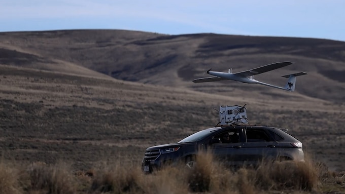 The K1000 ultra-long range endurance Unmanned Aircraft System (UAS) is launched from a government owned non-tactical vehicle during the Army’s first battalion-level All-Domain Home Station Training (HST) exercise Static Focus 3 at Yakima Training Center, Wash., March 6th, 2025.