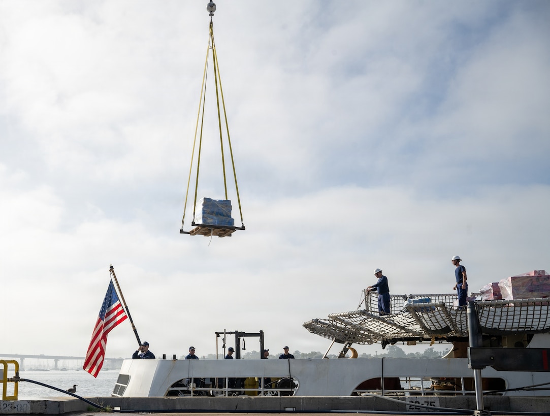 SAN DIEGO — The crew of U.S. Coast Guard Cutter Active (WMEC 618) offloaded approximately 27,551 pounds of cocaine, with an estimated value of $203.9 million, in San Diego, Monday.