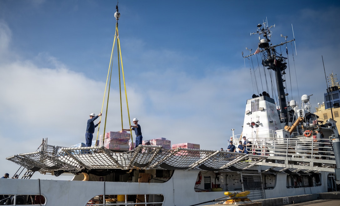 SAN DIEGO — The crew of U.S. Coast Guard Cutter Active (WMEC 618) offloaded approximately 27,551 pounds of cocaine, with an estimated value of $203.9 million, in San Diego, Monday.