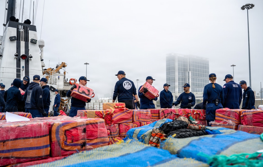 SAN DIEGO — The crew of U.S. Coast Guard Cutter Active (WMEC 618) offloaded approximately 27,551 pounds of cocaine, with an estimated value of $203.9 million, in San Diego, Monday.